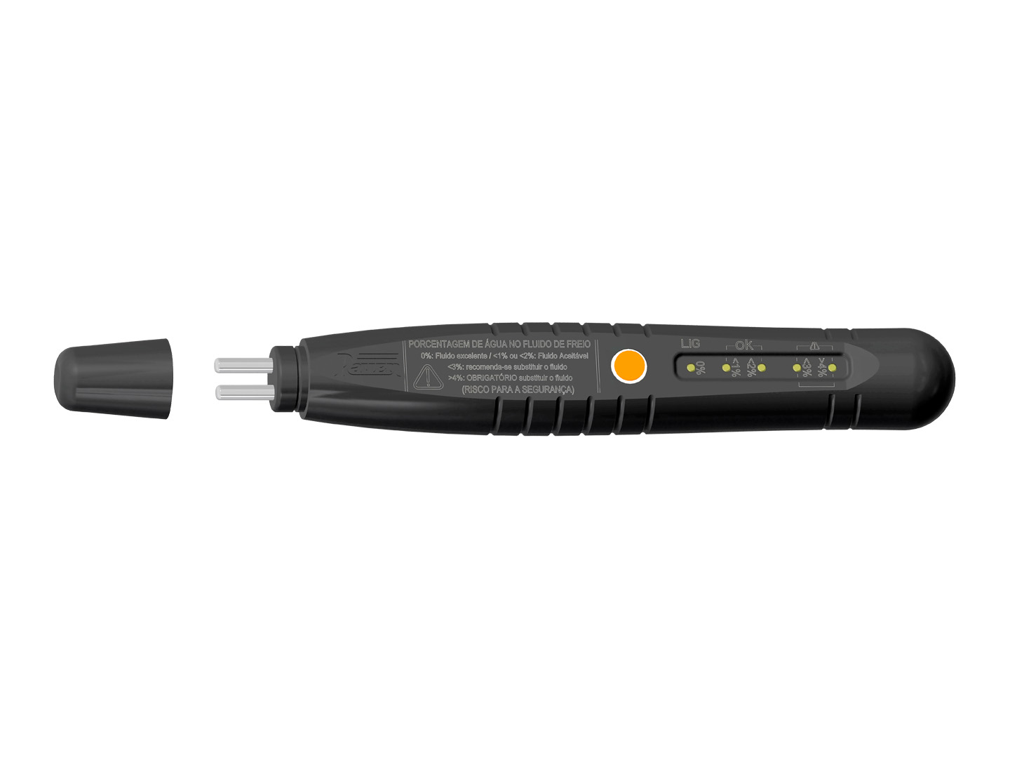 Produto Raven 108670 - Caneta eletrônica para medir o nível de contaminação do fluido de freios por umidade.<ul><li>Aplicação: Sistemas de freios e embreagem hidráulicos de automóveis, utilitários e veículos pesados.</li><li>Características/Diferenciais.</li><li>a) Operação simples e rápida, basta inserir as pontas dos 2 eletrodos da 108670 no fluido de freios para que seus 5 LEDs indiquem a porcentagem de água no fluido, e se a substituição do fluido é necessária.</li><li>b) Sistema para economia de energia, que desliga automaticamente a caneta após 5 segundos de inatividade.</li><li>c) Carcaça compacta e leve, com formato ergonômico e tampa para proteção dos eletrodos.</li><li>d) Produto fornecido em um blister reaproveitável.</li><li>e) Acompanha duas pilhas AAA.</li></ul> - Elétrica