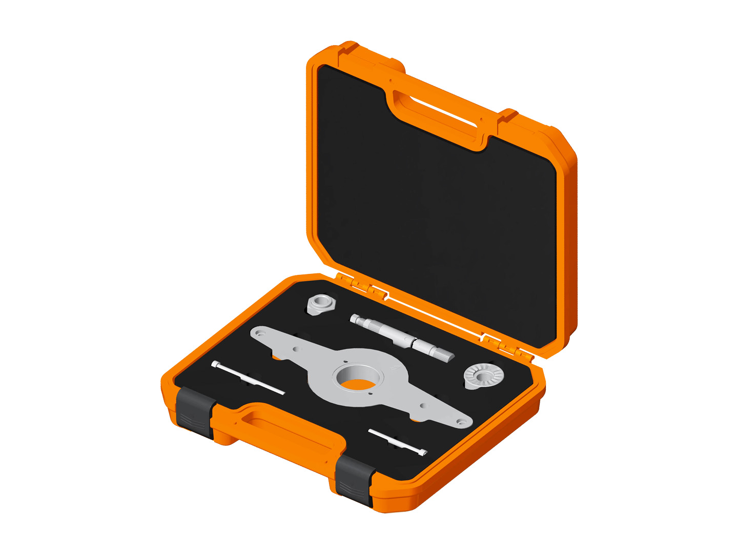 Produto Raven 111045 - Conjunto de ferramentas para: a) fixar a engrenagem tripla da árvore de manivelas à árvore de manivelas (antes e depois da remoção do parafuso da polia da árvore de manivelas), eliminando o risco de a engrenagem tripla se desencaixar da árvore, ocasionando a perda do sincronismo do motor e b) girar a árvore de manivelas após a remoção do parafuso da polia da árvore de manivelas, sem risco de danificar o encaixe especial da engrenagem tripla da árvore de manivelas (útil durante o procedimento de sincronismo).<ul><li>Aplicação: motores VW / Audi EA888 2.0 16V turbo TSI / 300 TSI / 350 TSI e 1.8 / 2.0 16V turbo TFSI / 40 TFSI / 45 TFSI híbrido Mhev / 55 TFSIe híbrido Phev (1ª ger. / 2ª ger. / 3ª ger. / 3ª ger. "Ciclo B"*).</li><li>Aplicação veículos VW:</li><li>CC 2.0 16V turbo TSI (211 cv) EA888 2ª ger. (CCZB) (13-16)</li><li>EOS 2.0 16V turbo TSI (200 cv) EA888 1ª ger. (CCTA) (08-12)</li><li>Fusca 2.0 16V turbo TSI (200 cv) EA888 2ª ger. (CCZA) (12-13)</li><li>Fusca 2.0 16V turbo TSI (211 cv) EA888 3ª ger. (CPLA) (14-16)</li><li>Golf GTI 7ª ger. 2.0 16V turbo TSI (220 cv) EA888 3ª ger. (CHHB / CXDA) (13-17)</li><li>Golf GTI 7ª ger. 2.0 16V turbo 350 TSI (230 cv) EA888 3ª ger. (CHHA / CXDB) (18-19)</li><li>Jetta 6ª ger. 2.0 16V turbo TSI (200 cv) EA888 2ª ger. (CCZA) (11-13)</li><li>Jetta 6ª ger. 2.0 16V turbo TSI (211 cv) EA888 3ª ger. (CPLA) (13-18)</li><li>Jetta GLI 7ª ger. 2.0 16V turbo 350 TSI (230 cv) EA888 3ª ger. (CXDB) (19-21)</li><li>Jetta GLI 7ª ger. 2.0 16V turbo 350 TSI (231 cv) EA888 3ª ger. (DKFA) (21-24) / (DXSA) (25>)</li><li>Passat 6ª ger. (B6) 2.0 16V turbo TSI (200 cv) EA888 1ª ger. (CCTA) (08-10)</li><li>Passat Variant 6ª ger. (B6) 2.0 16V turbo TSI (200 cv) EA888 1ª ger. (CCTA) (08-10)</li><li>Passat 7ª ger. (B7) 2.0 16V turbo TSI (211 cv) EA888 2ª ger. (CCZB) (10-15)</li><li>Passat Variant 7ª ger. (B7) 2.0 16V turbo TSI (211 cv) EA888 2ª ger. (CCZB) (10-15)</li><li>Passat 8ª ger. (B8) 2.0 16V turbo TSI (220 cv) EA888 3ª ger. (CHHB) (15-19)</li><li>Tiguan 1ª ger. 2.0 16V turbo TSI (200 cv) EA888 1ª ger. (CCTA) (09-16)</li><li>Tiguan Allspace 2ª ger. 2.0 16V turbo 300 TSI (186 cv) EA888 3ª ger. "Ciclo B" (DTEA) (23>)</li><li>Tiguan Allspace 2ª ger. 2.0 16V turbo 350 TSI (220 cv) EA888 3ª ger. (CXDA) (18-21)</li><li>Aplicação veículos Audi:</li><li>A1 Sportback 1ª ger. (8X) 1.8 16V turbo TFSI (192 cv) EA888 3ª ger. (DAJB) (15-18)</li><li>A3 2ª ger. (8P) 2.0 16V turbo TFSI (200 cv) EA888 2ª ger. (CCZA) (10-13)</li><li>A3 3ª ger. (8V) 1.8 16V turbo TFSI (180 cv) EA888 3ª ger. (CJSA) (13-14)</li><li>A3 Sportback 2ª ger. (8P) 2.0 16V turbo TFSI (200 cv) EA888 2ª ger. (CCZA) (10-13)</li><li>A3 Sportback 3ª ger. (8V) 1.8 16V turbo TFSI (180 cv) EA888 3ª ger. (CJSA) (13-16)</li><li>A3 Sedan 3ª ger. (8V) 1.8 16V turbo TFSI (180 cv) EA888 3ª ger. (CJSA) (13-16)</li><li>A3 Sedan 3ª ger. (8V) 2.0 16V turbo TFSI (220 cv) EA888 3ª ger. (CHHB) (15-19)</li><li>A3 Cabriolet 3ª ger. (8V) 1.8 16V turbo TFSI (180 cv) EA888 3ª ger. (CJSA) (14-16)</li><li>A3 Cabriolet 3ª ger. (8V) 2.0 16V turbo TFSI (220 cv) EA888 3ª ger. (CHHB) (17-19)</li><li>A4 4ª ger. (B8) 1.8 16V turbo TFSI (170 cv) EA888 3ª ger. (CJEB) (14-16)A4 4ª ger. (B8) 2.0 16V turbo TFSI (180 cv) EA888 2ª ger. (CDNB) (08-14)</li><li>A4 5ª ger. (B9) 2.0 16V turbo TFSI (190 cv) EA888 3ª ger. "Ciclo B" (CVKB) (15-20)</li><li>A4 5ª ger. (B9) 2.0 16V turbo TFSI (252 cv) EA888 3ª ger. (CYRB) (16-19)</li><li>A4 45 TFSI 5ª ger. (B9) 2.0 16V turbo TFSI híbrido Mhev (249 cv) EA888 3ª ger. (DDWB) (20-22)</li><li>A4 Avant 4ª ger. (B8) 2.0 16V turbo TFSI (180 cv) EA888 2ª ger. (CDNB) (09-14)</li><li>A4 Avant 4ª ger. (B8) 1.8 16V turbo TFSI (170 cv) EA888 3ª ger. (CJEB) (14-16)</li><li>A4 Avant 5ª ger. (B9) 2.0 16V turbo TFSI (190 cv) EA888 3ª ger. "Ciclo B" (CVKB) (16-19)</li><li>A5 Sportback 1ª ger. (8T) 1.8 16V turbo TFSI (170 cv) EA888 3ª ger. (CJEB) (14-16)</li><li>A5 Sportback 1ª ger. (8T) 2.0 16V turbo TFSI (180 cv) EA888 2ª ger. (CDNB) (10-14)</li><li>A5 Sportback 1ª ger. (8T) 2.0 16V turbo TFSI (211 cv) EA888 2ª ger. (CAEB / CDNC) (12-13)</li><li>A5 Sportback 1ª ger. (8T) 2.0 16V turbo TFSI (225 cv) EA888 3ª ger. (CNCD) (13-16)</li><li>A5 Sportback 2ª ger. (F5) 2.0 16V turbo TFSI (190 cv) EA888 3ª ger. "Ciclo B" (CVKB) (17-19)</li><li>A5 Sportback 2ª ger. (F5) 2.0 16V turbo TFSI (252 cv) EA888 3ª ger. (CYRB) (17-19)</li><li>A5 Sportback 45 TFSI 2ª ger. (F5) 2.0 16V turbo TFSI híbrido Mhev (249 cv) EA888 3ª ger. (DDWB) (19-22)</li><li>A5 Coupé 1ª ger. (8T) 2.0 16V turbo TFSI (211 cv) EA888 2ª ger. (CAEB / CDNC) (12-13)</li><li>A5 Coupé 1ª ger. (8T) 2.0 16V turbo TFSI (225 cv) EA888 3ª ger. (CNCD) (13-16)</li><li>A5 Cabriolet 1ª ger. (8F) 2.0 16V turbo TFSI (211 cv) EA888 2ª ger. (CAEB / CDNC) (12-13)</li><li>A5 Cabriolet 1ª ger. (8F) 2.0 16V turbo TFSI (225 cv) EA888 3ª ger. (CNCD) (13-16)</li><li>A6 4ª ger. (C7) 2.0 16V turbo TFSI (252 cv) EA888 3ª ger. (CYPA) (15-18)</li><li>A6 45 TFSI 5ª ger. (C8) 2.0 16V turbo TFSI (245 cv) híbrido Mhev EA888 3ª ger. (DLHA) (21)</li><li>A7 Sportback 1ª ger. (4G) 2.0 16V turbo TFSI (252 cv) EA888 3ª ger. (CYPA) (15-16)</li><li>Q3 1ª ger. (8U) 2.0 16V turbo TFSI (170 cv) EA888 2ª ger. (CCZC) (12-15)</li><li>Q3 1ª ger. (8U) 2.0 16V turbo TFSI (180 cv) EA888 3ª ger. (CULB) (15-18)</li><li>Q3 1ª ger. (8U) 2.0 16V turbo TFSI (211 cv) EA888 2ª ger. (CPSA) (12-15)</li><li>Q3 1ª ger. (8U) 2.0 16V turbo TFSI (220 cv) EA888 3ª ger. (CULC) (15-18)</li><li>Q3 40 TFSI 2ª ger. (F3) 2.0 16V turbo TFSI (231 cv) EA888 3ª ger. (DSNA) (22-25)</li><li>Q3 Sportback 40 TFSI 2ª ger. (F3) 2.0 16V turbo TFSI (231 cv) EA888 3ª ger. (DSNA) (22-25)</li><li>Q5 1ª ger. (8R) 2.0 16V turbo TFSI (211 cv) EA888 2ª ger. (CDNC) (09-12)</li><li>Q5 1ª ger. (8R) 2.0 16V turbo TFSI (225 cv) EA888 3ª ger. (CNCD) (13-17)</li><li>Q5 2ª ger. (FY) 2.0 16V turbo TFSI (252 cv) EA888 3ª ger. (DAXB) (17-20)</li><li>Q5 2ª ger. (FY) 45 TFSI 2.0 16V turbo TFSI híbrido Mhev (249 cv) EA888 3ª ger. (DGKB) (21-22)</li><li>Q5 2ª ger. (FY) 55 TFSIe 2.0 16V turbo TFSI híbrido Phev (252 cv / 367 cv comb.) EA888 3ª ger. (DLGA / DSMA) (22-25)</li><li>Q5 Sportback 2ª ger. (FY) 45 TFSI 2.0 16V turbo TFSI híbrido Mhev (249 cv) EA888 3ª ger. (DGKB) (21-22)</li><li>Q5 Sportback 2ª ger. (FY) 55 TFSIe 2.0 16V turbo TFSI híbrido Phev (252 cv / 367 cv comb.) EA888 3ª ger. (DLGA / DSMA) (21-25)</li><li>S3 Sportback 3ª ger. (8V) 2.0 16V turbo TFSI (286 cv) EA888 3ª ger. (CJXF) (13-16)</li><li>S3 Sedan 3ª ger. (8V) 2.0 16V turbo TFSI (286 cv) EA888 3ª ger. (CJXF) (14-16)</li><li>TT Coupé 2ª ger. (8J) 2.0 16V turbo TFSI (211 cv) EA888 2ª ger. (CESA / CETA) (11-14)</li><li>TT Coupé 3ª ger. (FV) 2.0 16V turbo TFSI (230 cv) EA888 3ª ger. (CHHC) (15-18)</li><li>TT Roadster 2ª ger. (8J) 2.0 16V turbo TFSI (211 cv) EA888 2ª ger. (CESA / CETA) (11-14)</li><li>TT Roadster 3ª ger. (FV) 2.0 16V turbo TFSI (230 cv) EA888 3ª ger. (CHHC) (15-18)</li><li>TTS Coupé 3ª ger. (FV) 2.0 16V turbo TFSI (286 cv) EA888 3ª ger. (CJXF) (15-18)</li><li>TTS Roadster 3ª ger. (FV) 2.0 16V turbo TFSI (286 cv) EA888 3ª ger. (CJXF) (15-18)</li><li>Aplicação veículos Porsche:</li><li>Macan 1ª ger. (95B) 2.0 16V turbo TFSI (237 cv) EA888 3ª ger. (CNCC) (15-16)</li><li>Macan 1ª ger. (95B) 2.0 16V turbo TFSI (252 cv) EA888 3ª ger. (CYPA) (16-18) / (DLHB) (19-21)</li><li>Produto fornecido em uma maleta plástica especial. Composição: ferramenta para travar a polia e a engrenagem tripla da árvore de manivelas (pressionando-as contra a árvore de manivelas), possibilitando a remoção segura do parafuso da polia, com 2 parafusos, ferramenta para conectar a engrenagem tripla da árvore de manivelas à árvore de manivelas, com 3 garras móveis acionadas por um parafuso de tensionamento e adaptador com encaixe especial para girar a árvore de manivelas após a remoção da polia da árvore de manivelas, sem risco de danificar o encaixe dentado da engrenagem tripla, com porca especial.</li><li>*Exceto versões híbridas.</li></ul> - Motor