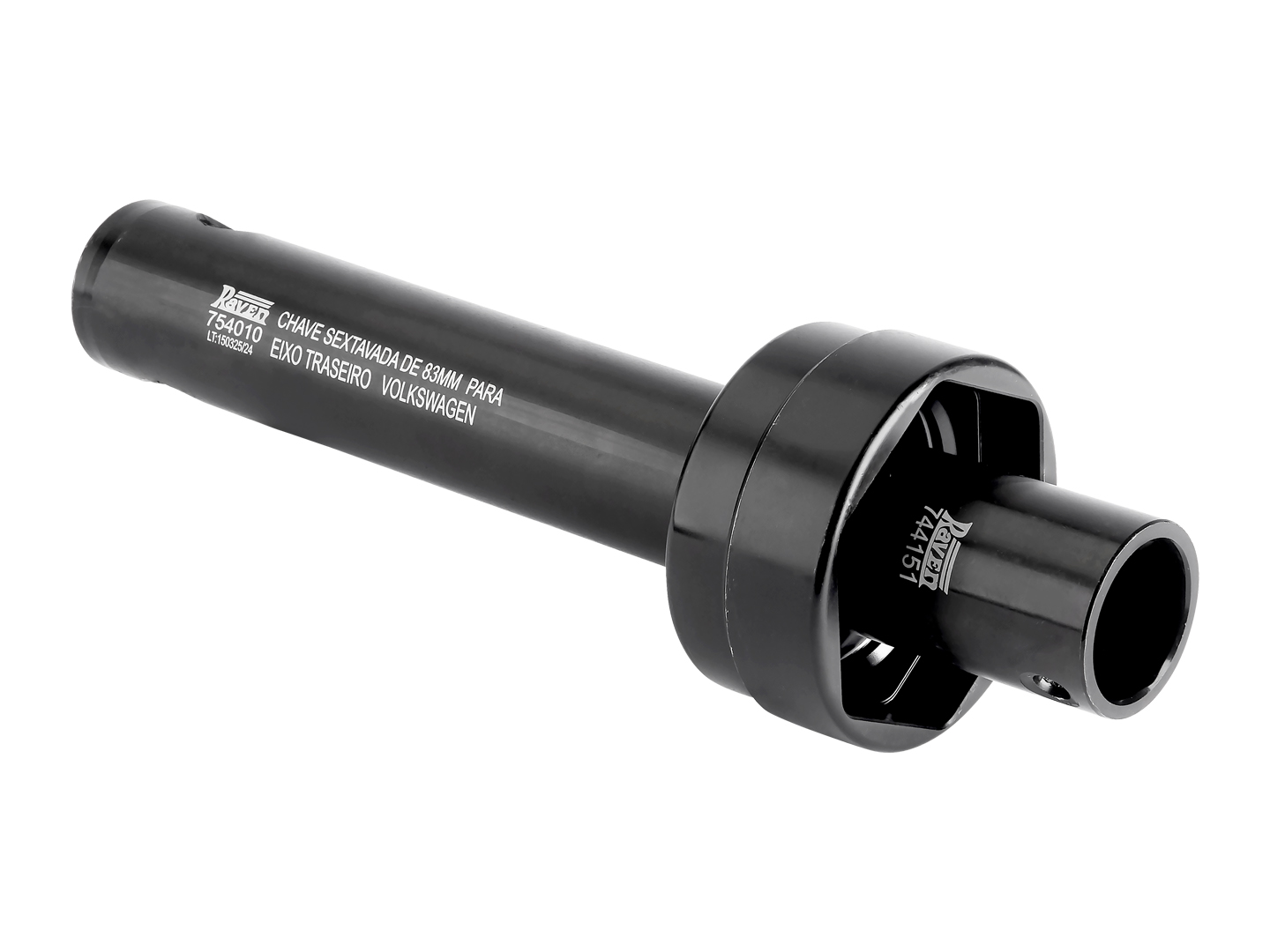 Produto Raven 754010 - Chave com encaixe sextavado de 83 mm, guia e cabo longo, para porca do cubo traseiro (cód. 2P0501471A).<ul><li>Aplicação:</li><li>Eixos Dana S16-130 / S-130 aplicados nos micro-ônibus VW 9-160 OD Urban (21-23).</li><li>Encaixe de 3/4".</li></ul> - Suspensão Traseira
